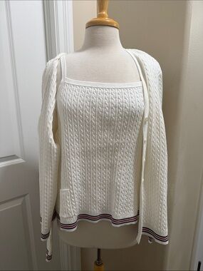 NWOT Lauren Ralph Lauren Cream Cable-Knit Tank & Cardigan Set w/ trim.